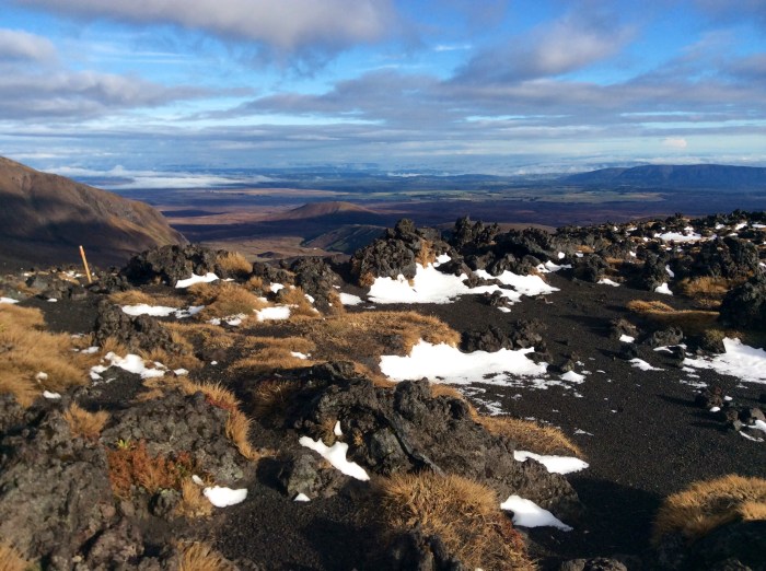 Beau mélange de couleur entre roches volcaniques, herbes sèches et premières neiges